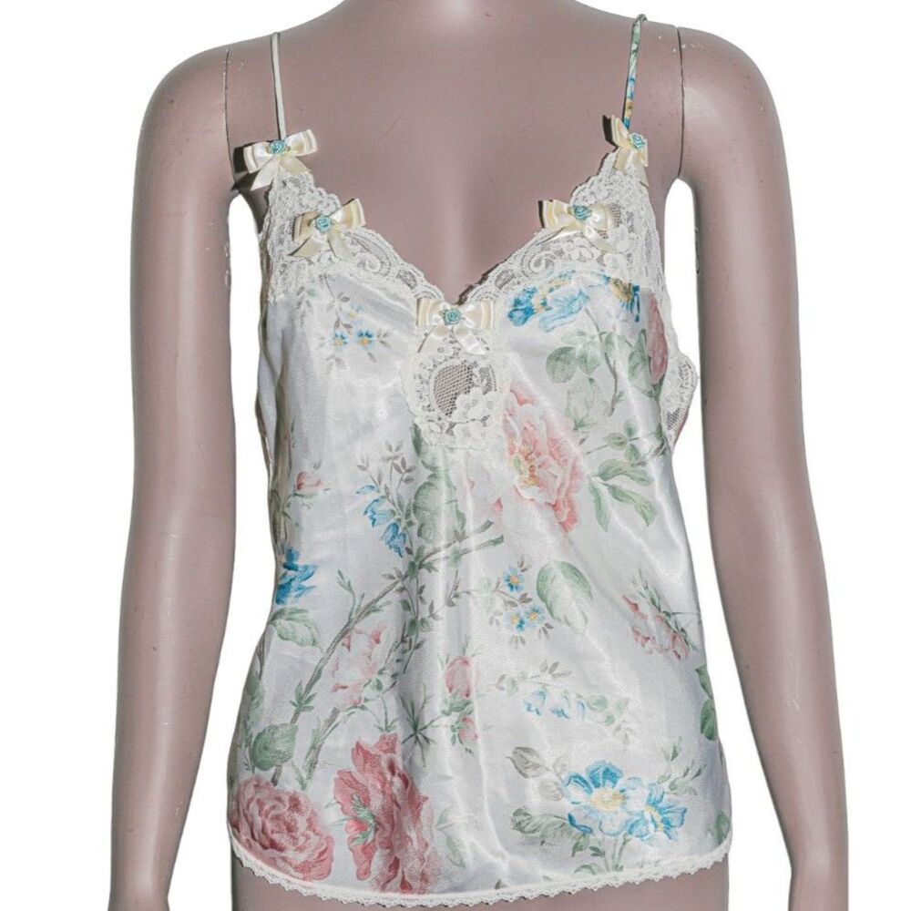 Vintage Floral Camisole Lace Trim Satin Cami Spaghetti Strap Lingerie‎